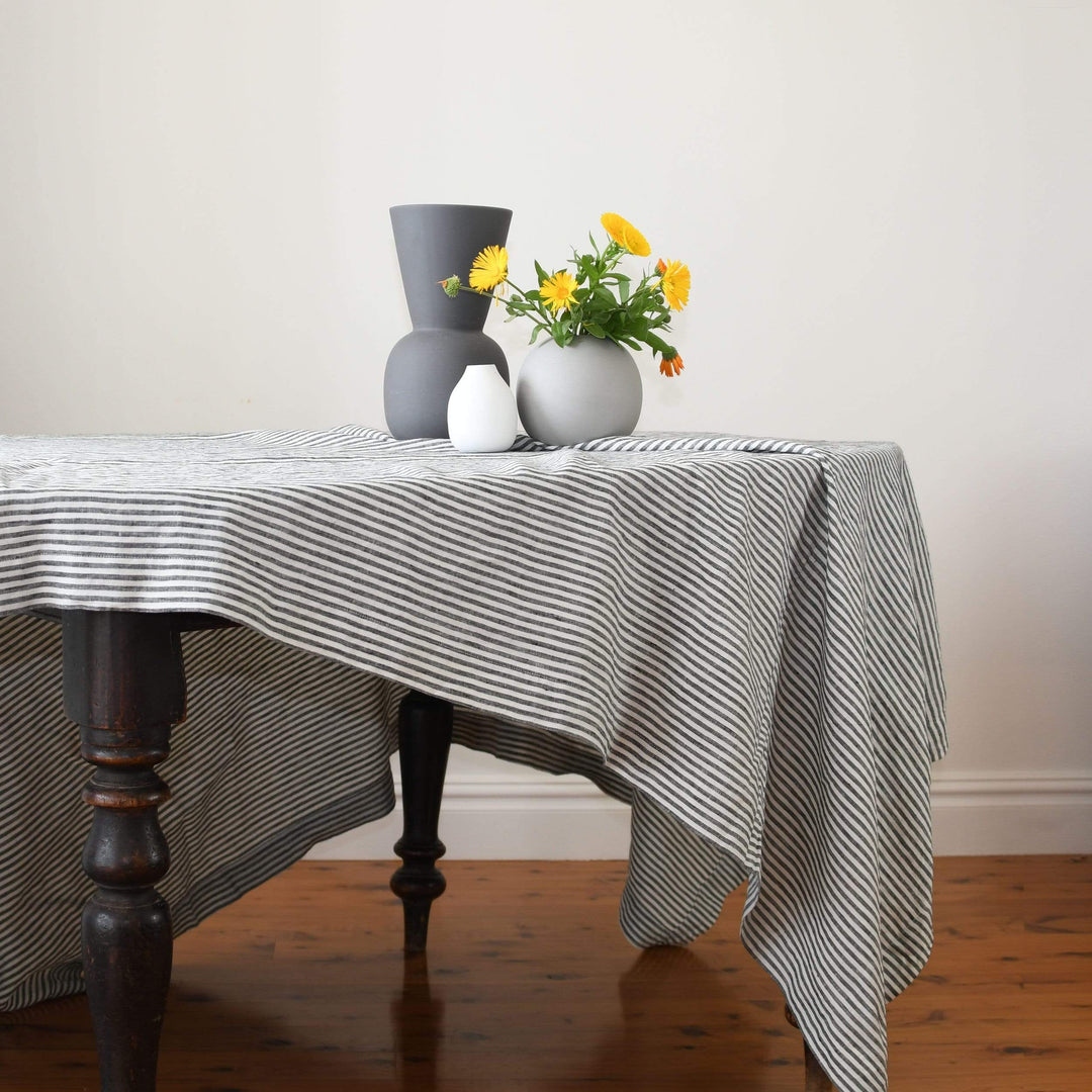 Long Lunch Linen Tablecloth Salt and Pepper Stripe Linen Tablecloth